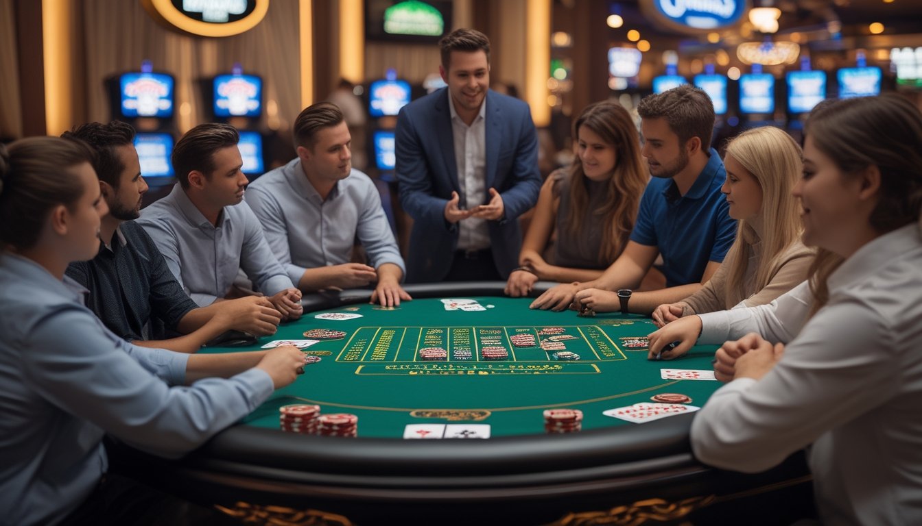 Orang-orang berkumpul di sekitar meja kasino dengan kartu dan chip poker, sedang belajar bermain Casino Hold'em.