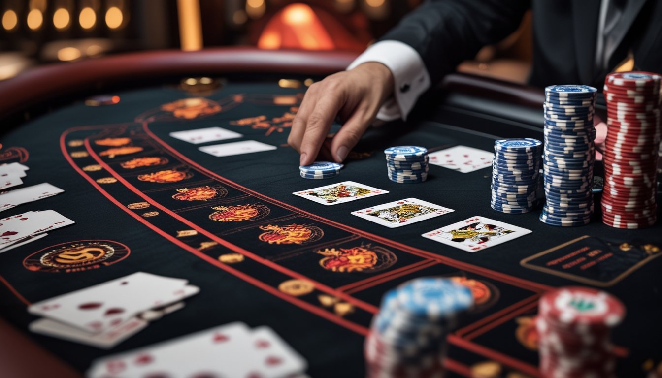 Meja permainan Dragon Tiger dengan kartu dan chip, serta tangan dealer yang sedang meletakkan chip.