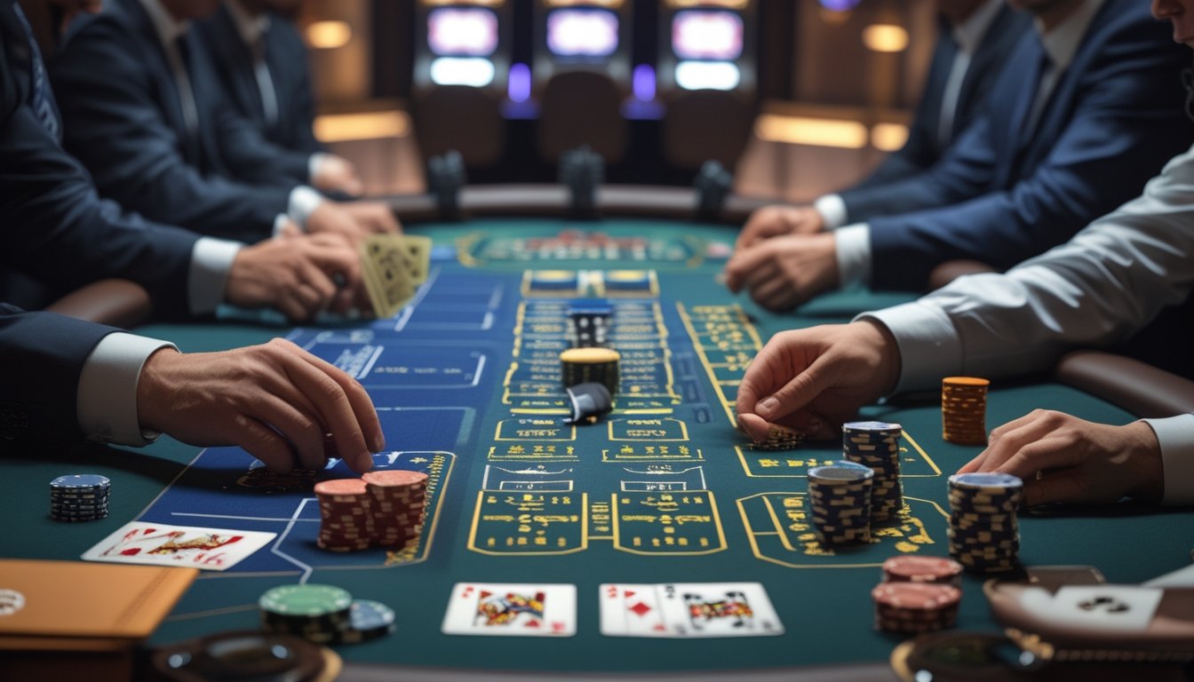 Suasana kasino dengan dua meja poker yang berbeda, satu untuk Casino Hold'em dan satu untuk Texas Hold'em, menampilkan pemain dan dealer yang sedang bermain.