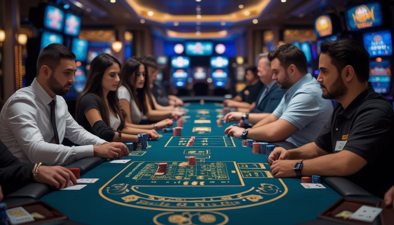Meja poker di kasino dengan dua kelompok pemain yang bermain Casino Hold'em dan Texas Hold'em secara bersamaan.