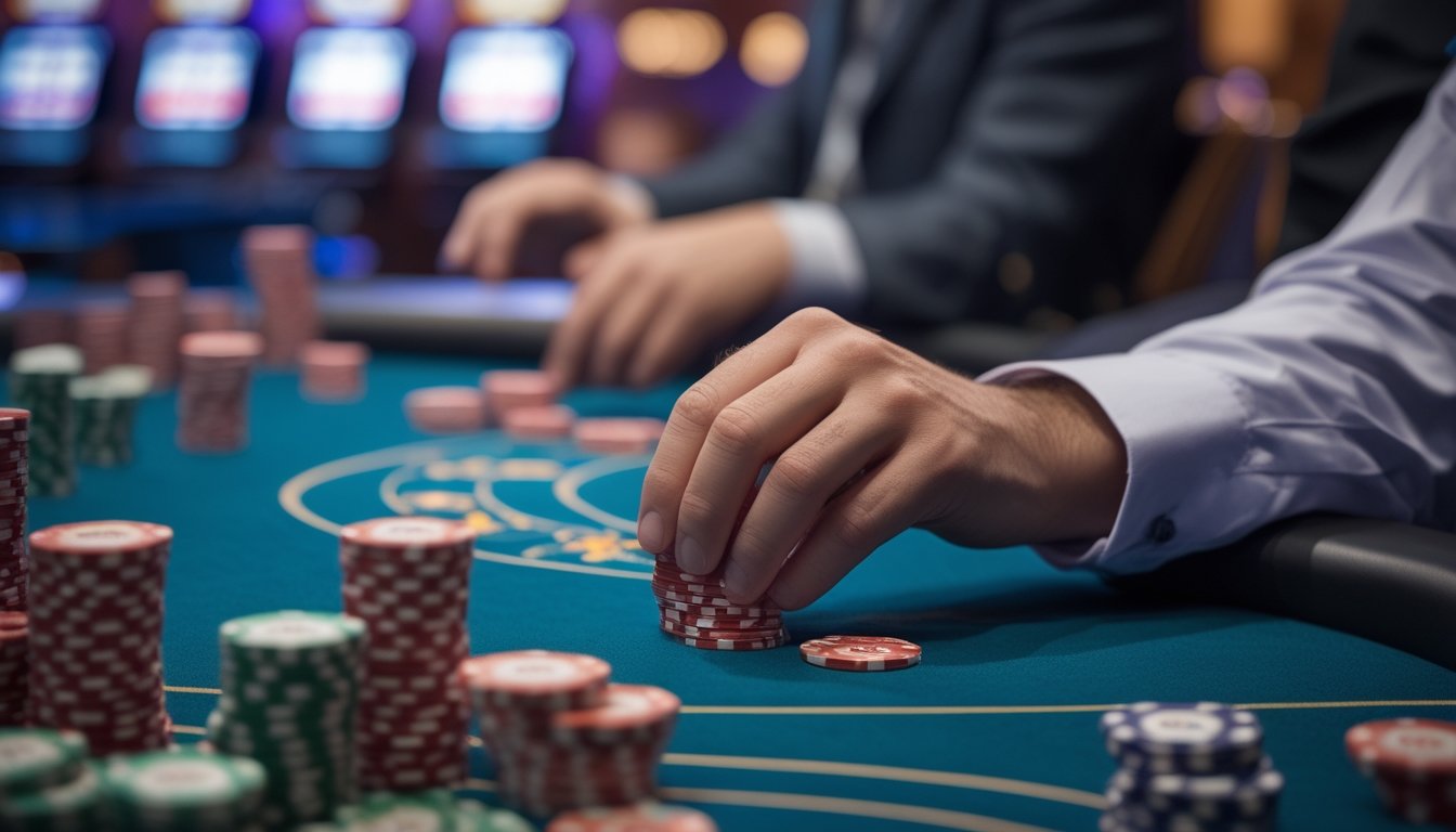 Meja poker Casino Hold'em dengan tumpukan chip dan kartu, tangan pemain sedang mengatur chip dengan latar belakang kasino.