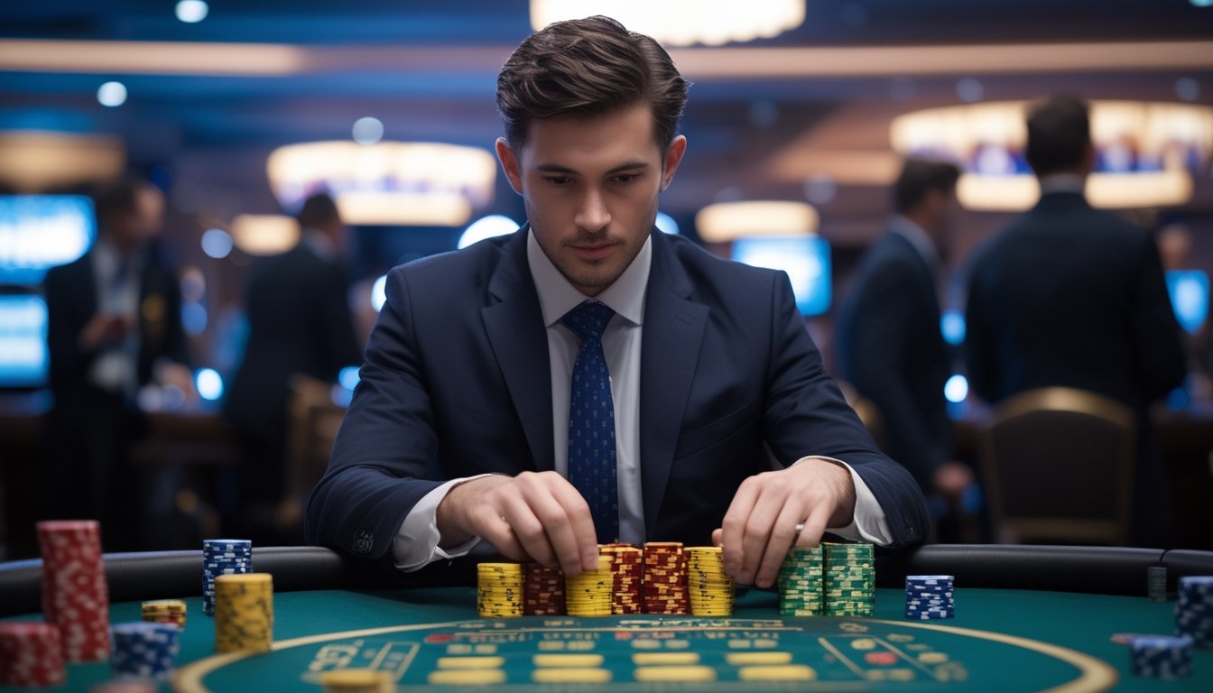 Seorang pria sedang duduk di meja kasino dengan tumpukan chip poker, tampak fokus mengatur modal saat bermain Casino Hold'em.