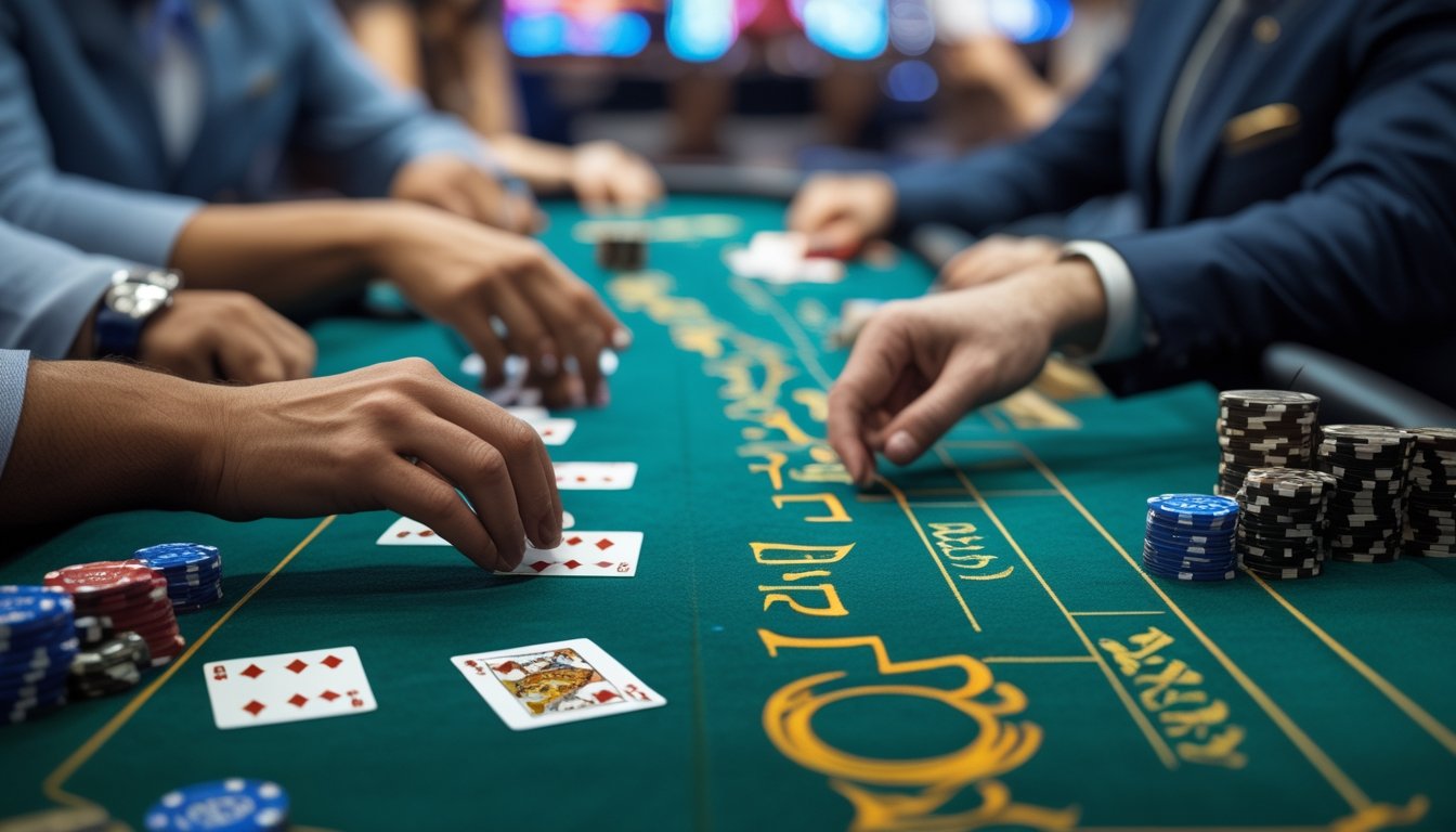 Meja kasino dengan permainan kartu Dragon Tiger, dealer sedang membagikan kartu, pemain memperhatikan dengan serius, tumpukan chip terlihat di meja.