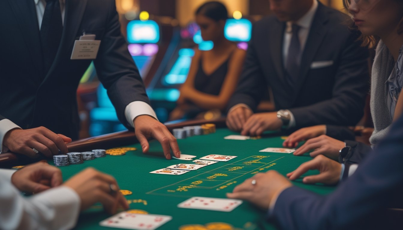 Seorang dealer dan beberapa pemain sedang fokus bermain permainan kartu Dragon Tiger di meja kasino.