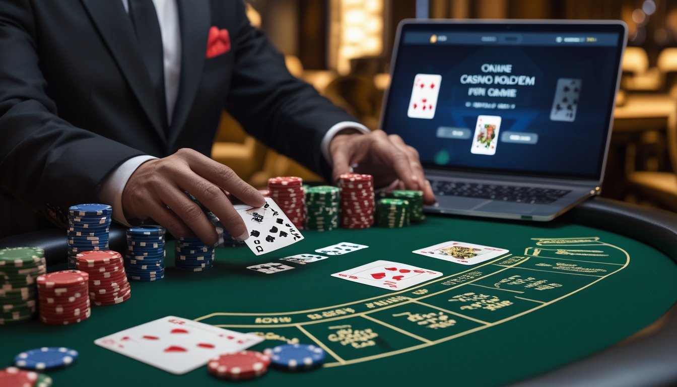 Meja poker dengan kartu dan chip, serta layar laptop yang menampilkan permainan Casino Hold'em online.