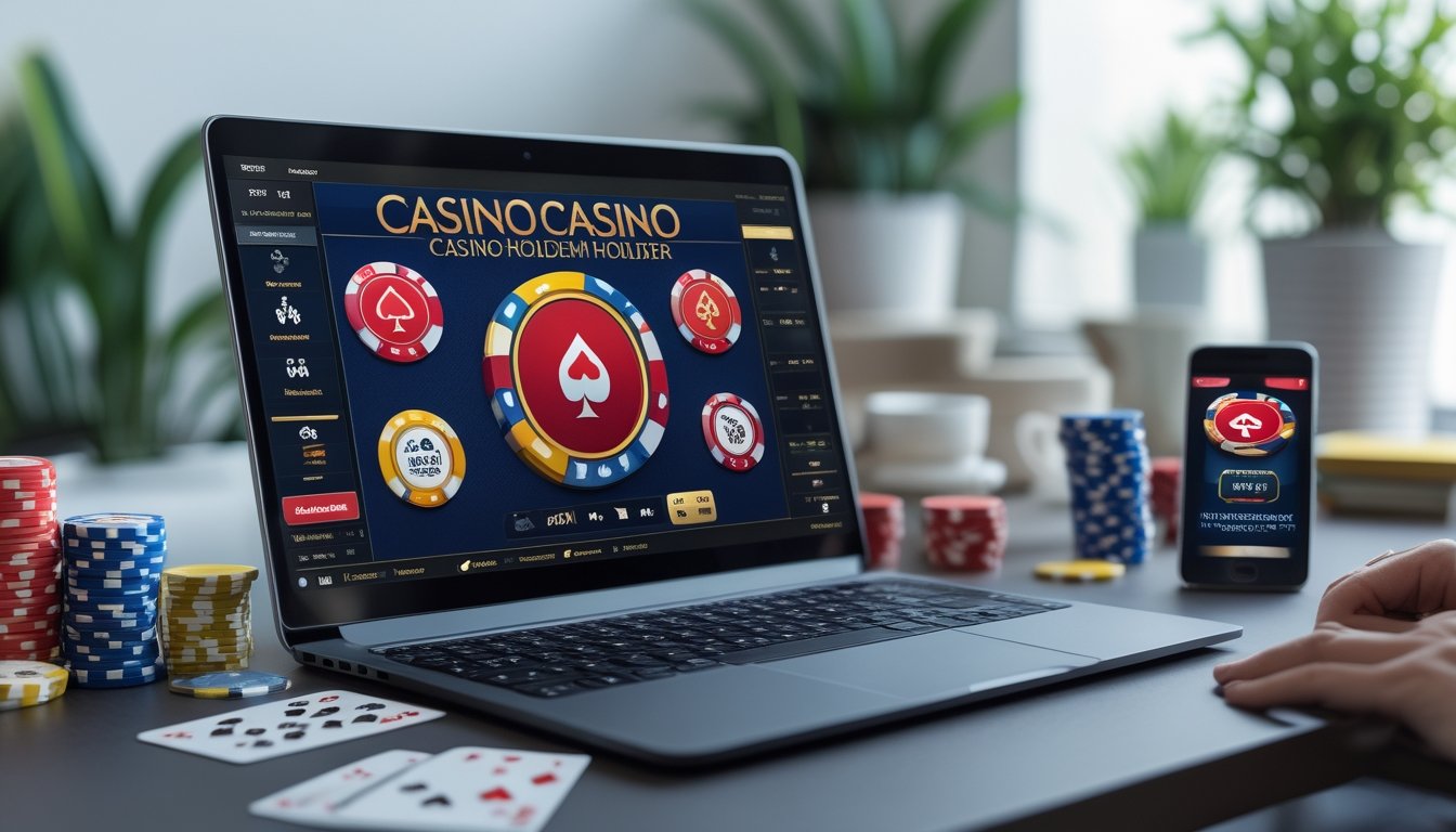 Seseorang bermain permainan Casino Hold'em online menggunakan laptop dengan kartu dan chip poker di meja.