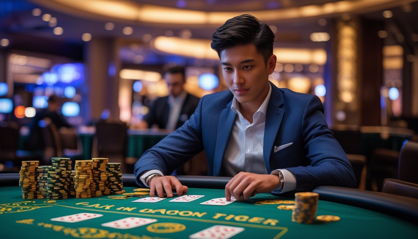 Seorang pemain muda fokus bermain Dragon Tiger di meja kasino dengan kartu dan chip di depan, suasana kasino terlihat di latar belakang.
