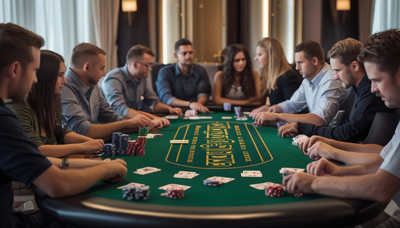 Sekelompok pemain di meja Casino Hold'em dengan ekspresi serius dan fokus, terlihat kartu dan chip poker di atas meja.