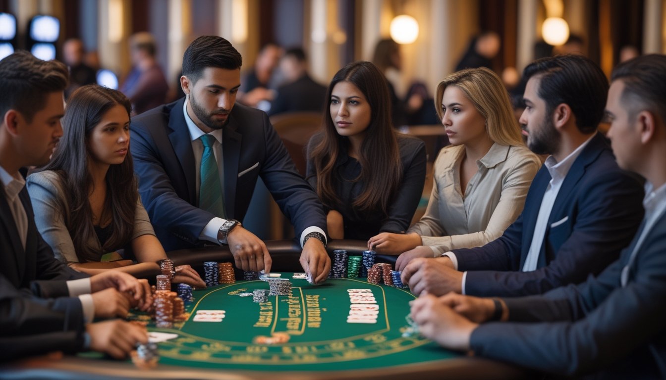 Beberapa pemain kasino duduk di meja poker Casino Hold'em dengan ekspresi serius dan fokus saat dealer membagikan kartu.