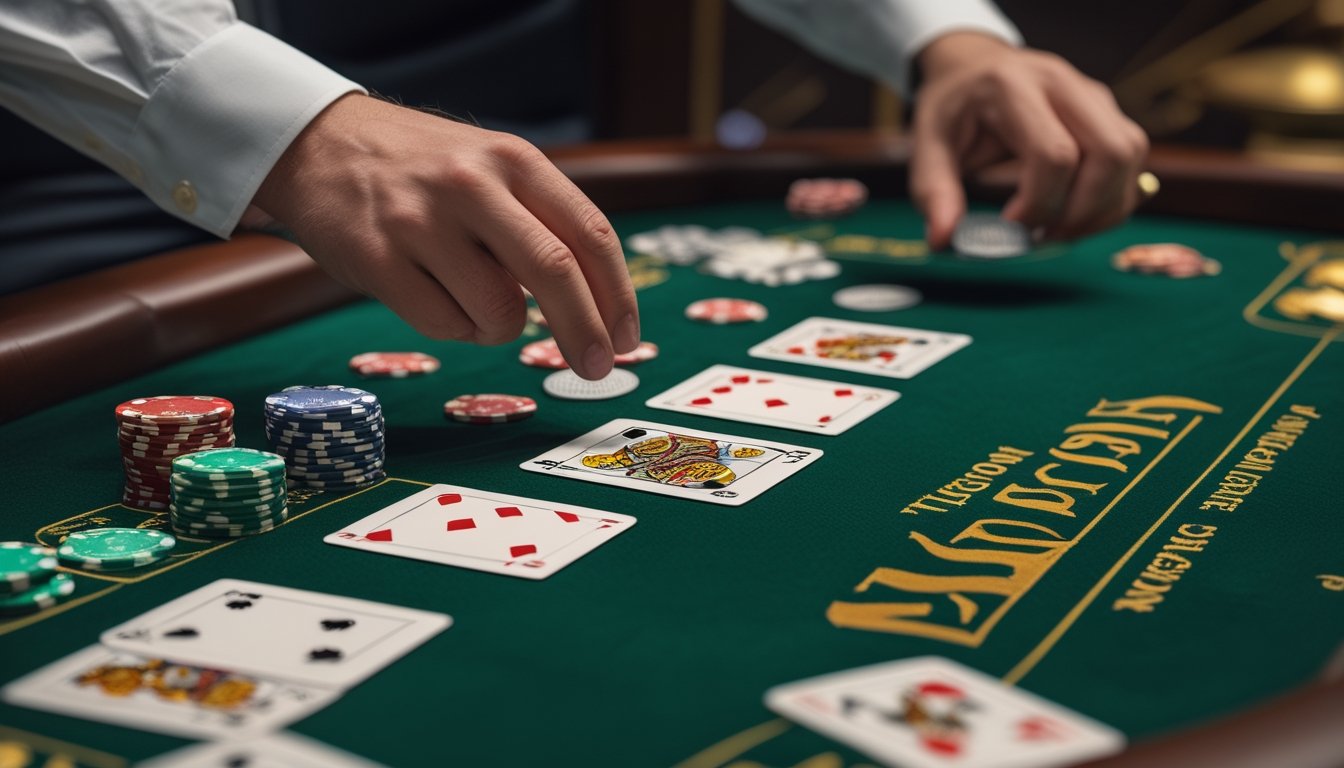 Tangan seseorang sedang menata kartu dan chip di atas meja permainan Dragon Tiger untuk menganalisis strategi.