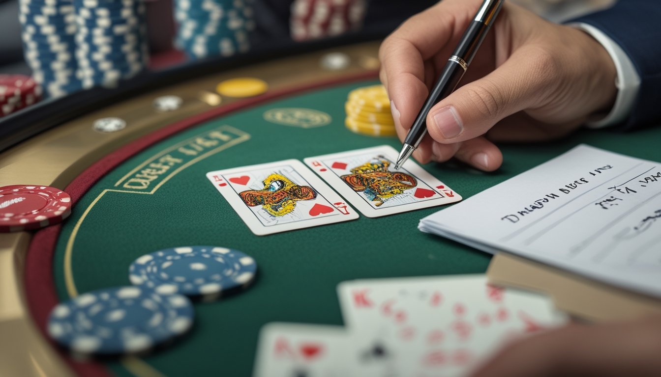 Tangan seseorang sedang mencatat perhitungan kartu Dragon Tiger di atas meja kasino dengan kartu dan chip terlihat jelas.