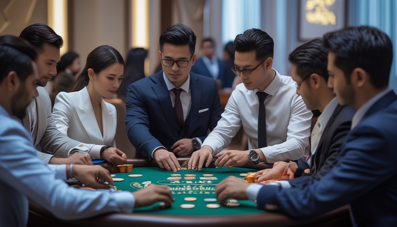 Beberapa pemain kasino yang serius dan fokus sedang bermain kartu Casino Hold'em dan Dragon Tiger di meja kasino dengan suasana yang tenang dan terkendali.