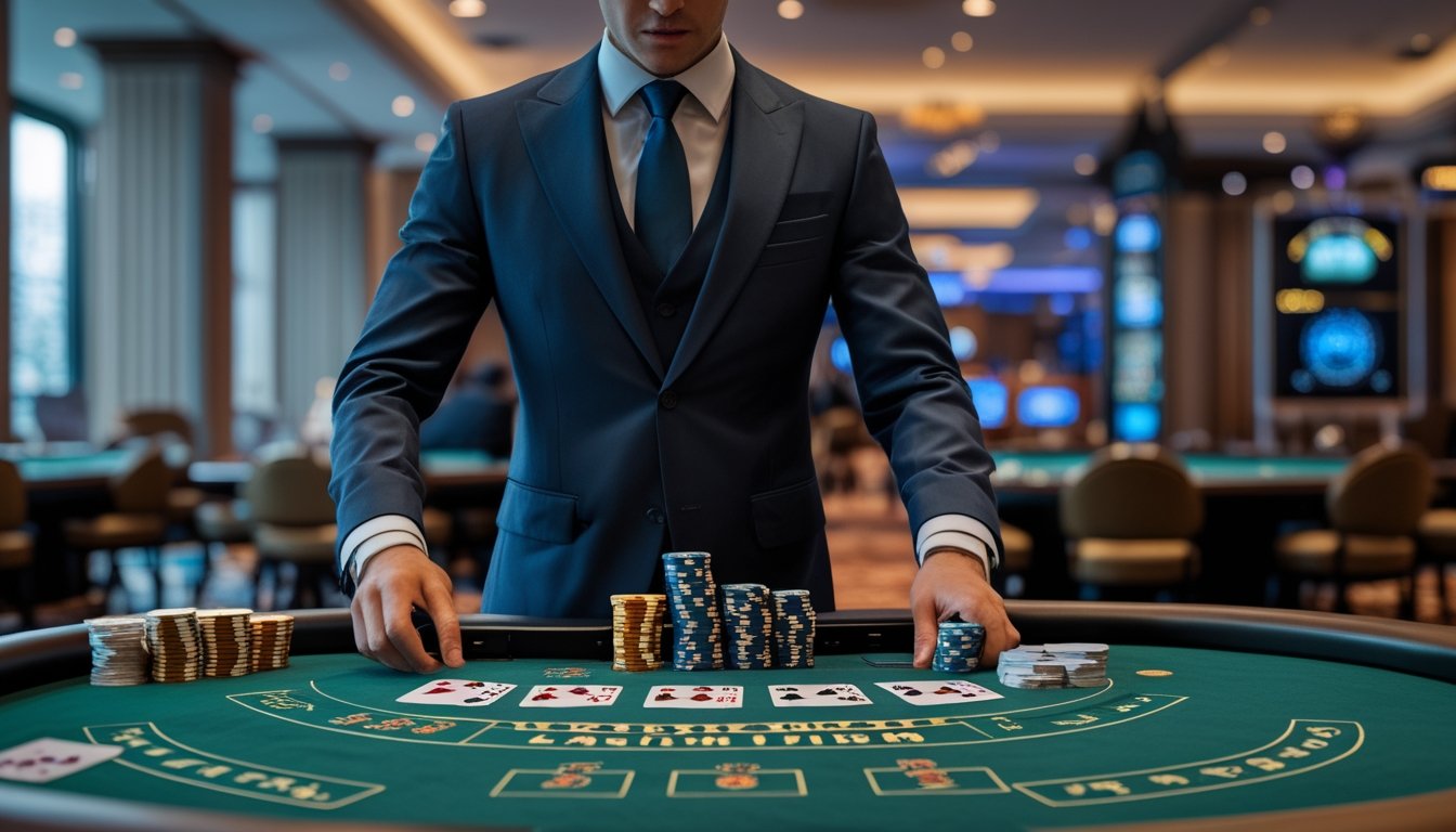 Seorang dealer di meja kasino yang sedang membagikan kartu pada permainan Casino Hold'em dan Dragon Tiger dengan suasana kasino yang elegan.