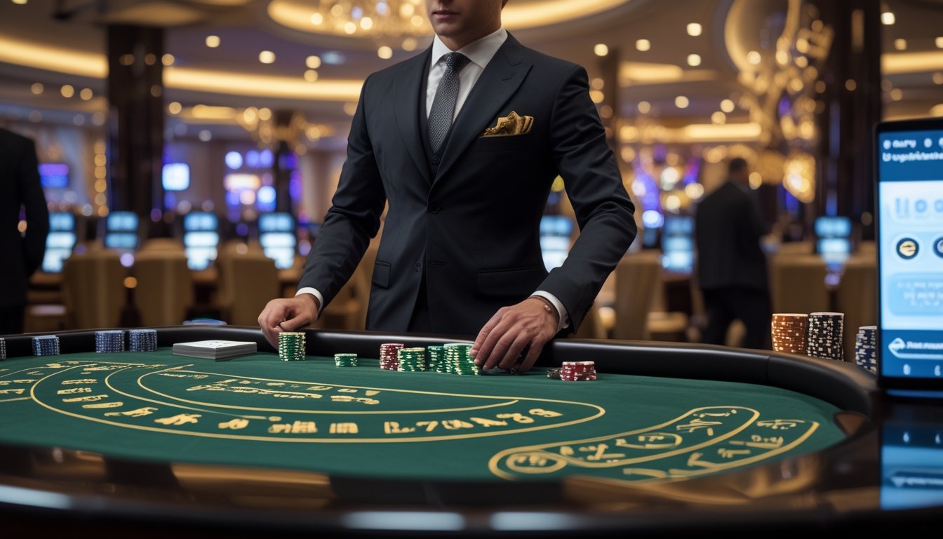 Seorang dealer memegang resmi sedang mengelola meja bakarat dengan kartu dan chip tertata rapi di dalam kasino mewah dengan pencahayaan hangat.