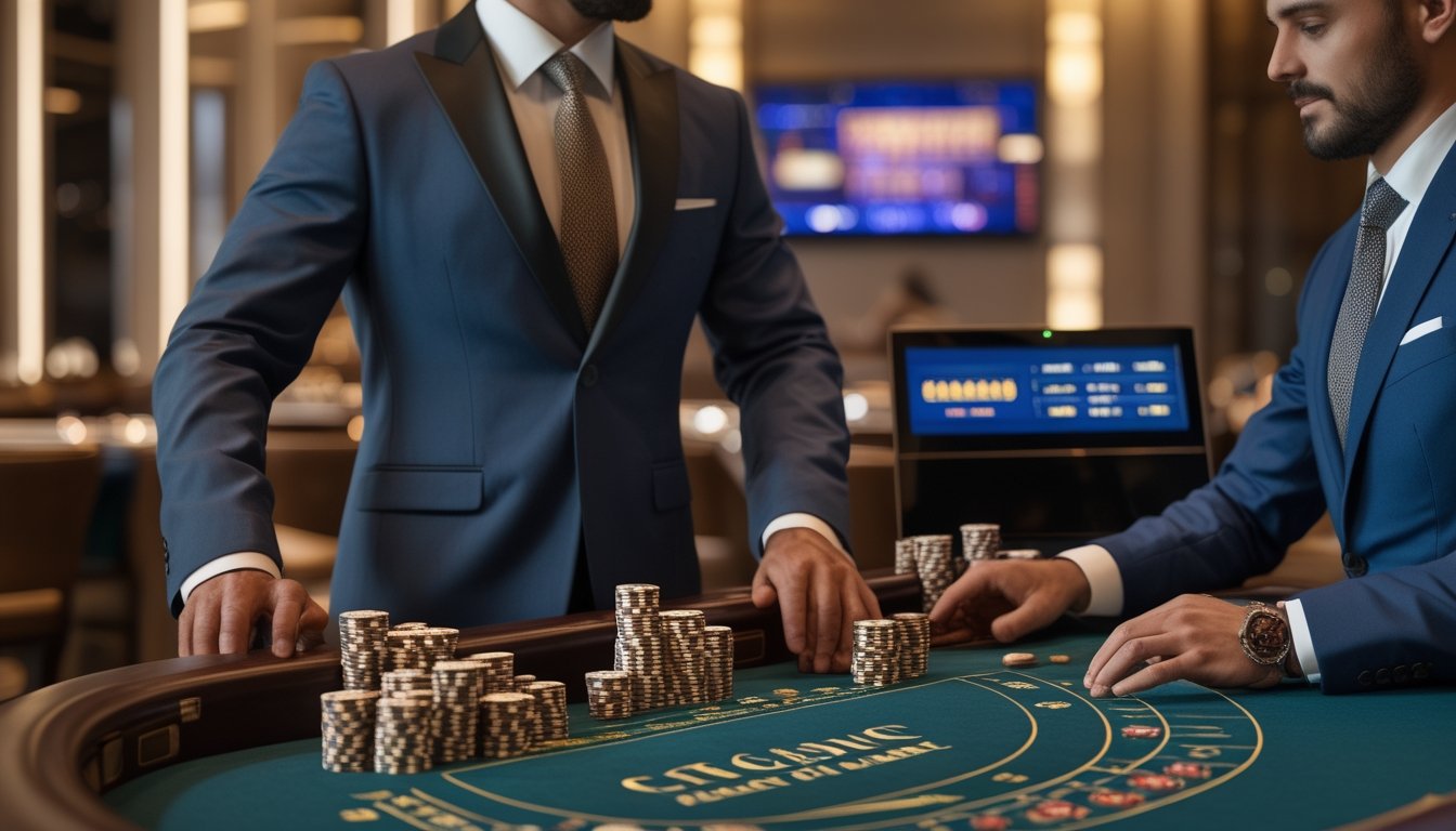 Seorang dealer berdiri di meja bakarat dengan kartu dan chip, di dalam kasino modern yang mewah, bersama pemain yang sedang bermain.