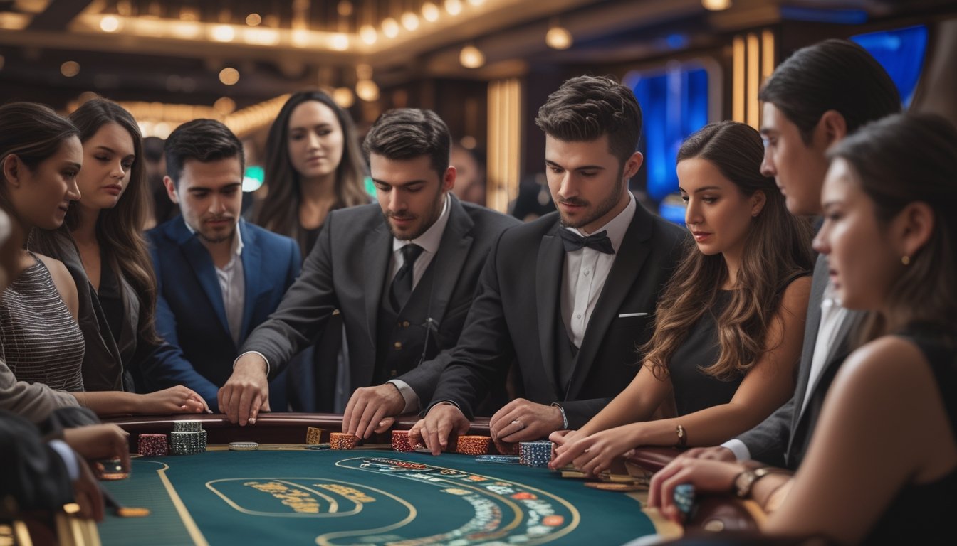Sejumlah orang bermain baccarat secara langsung di meja kasino dengan dealer yang melayani, suasana profesional dan fokus.