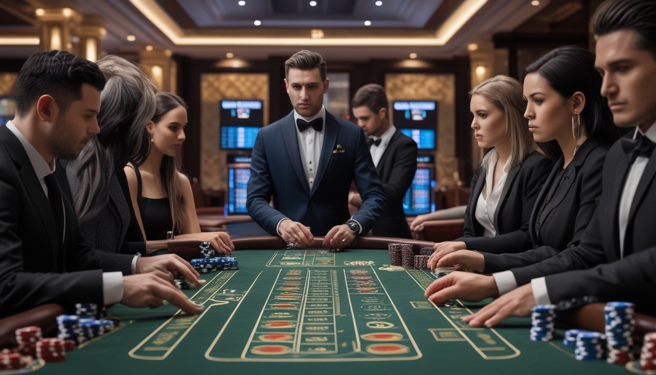 Seorang dealer dan beberapa pemain duduk di meja bakarat dalam suasana kasino yang mewah dan profesional.