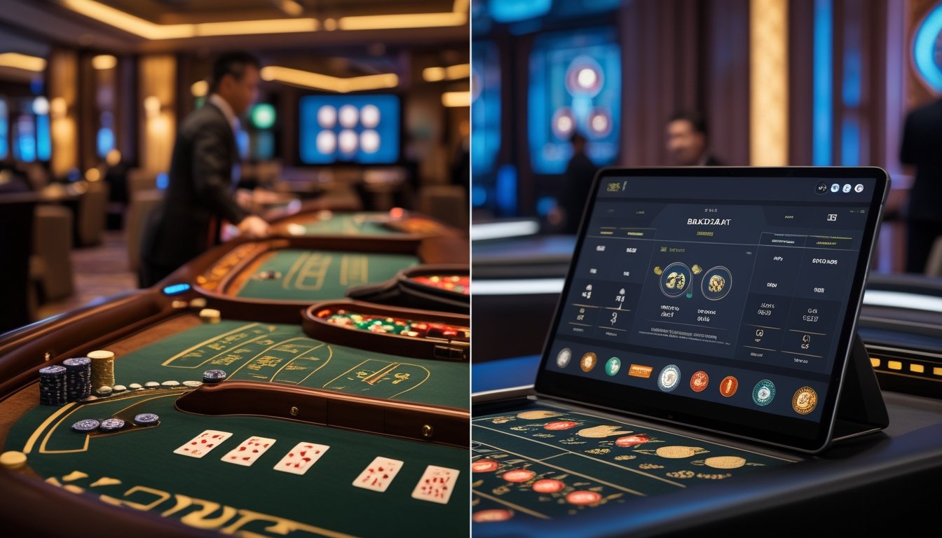 Suasana kasino dengan meja baccarat klasik di satu sisi dan permainan baccarat langsung dengan layar digital di sisi lain, menampilkan perbedaan antara kedua jenis permainan.