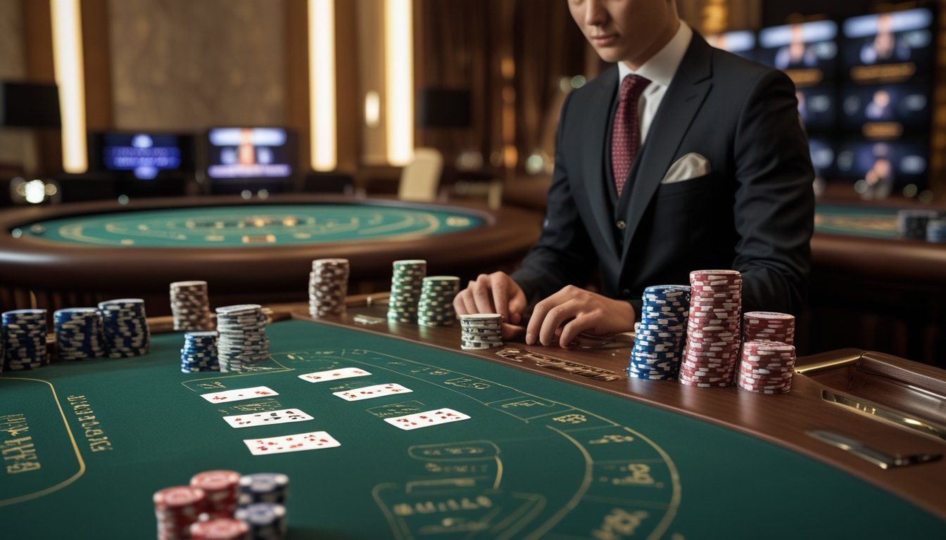 Seorang dealer berpose rapi sedang mengelola meja baccarat dengan kartu dan chip di kasino yang menampilkan meja baccarat klasik dan layar permainan baccarat langsung.