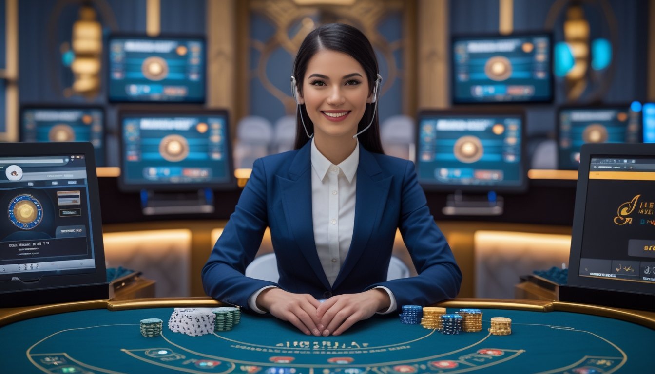 Seorang dealer wanita profesional duduk di meja bakarat dengan kartu dan chip, disertai monitor yang menampilkan permainan bakarat secara langsung.