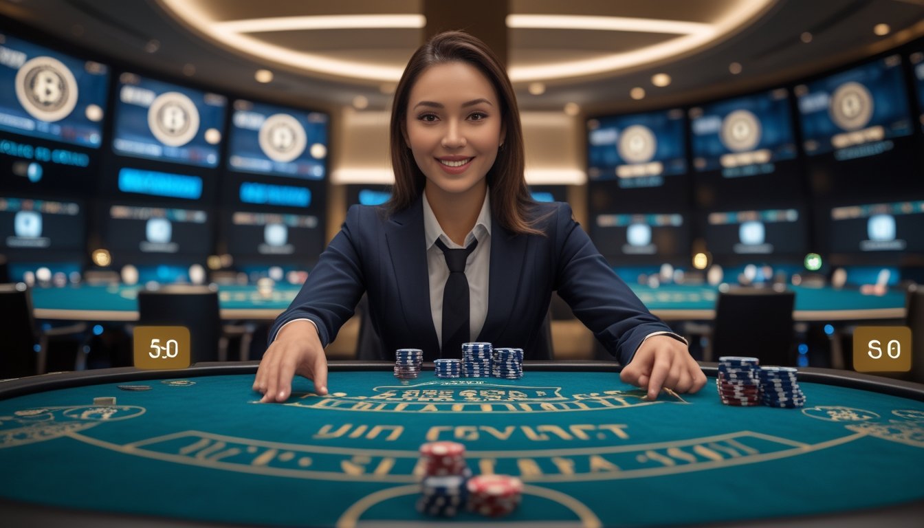 Seorang dealer profesional sedang memimpin permainan baccarat online dengan layar digital dan suasana yang modern dan terpercaya.