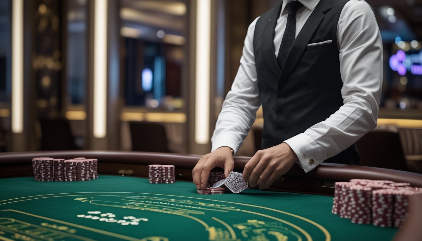 Seorang dealer yang rapi sedang membagikan kartu di meja bakarat hijau dengan tumpukan chip di lingkungan kasino yang elegan.