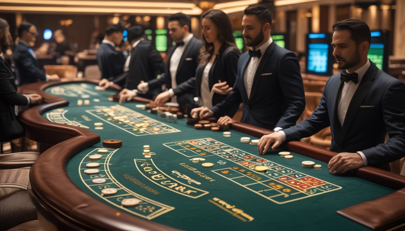 Suasana kasino dengan beberapa meja permainan baccarat klasik, dealer dan pemain sedang bermain di meja yang berbeda.