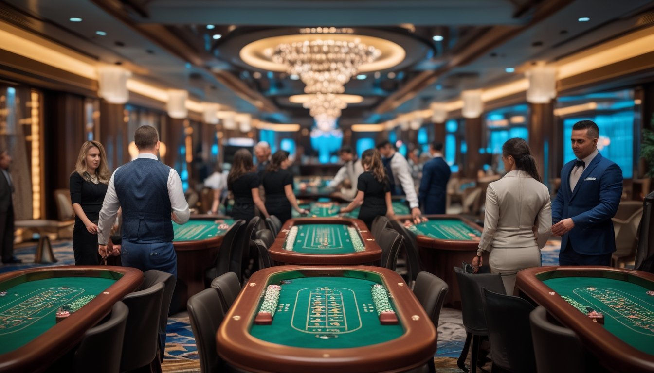 Beberapa meja permainan baccarat klasik dengan pemain dan dealer di sebuah kasino mewah yang terang dan elegan.