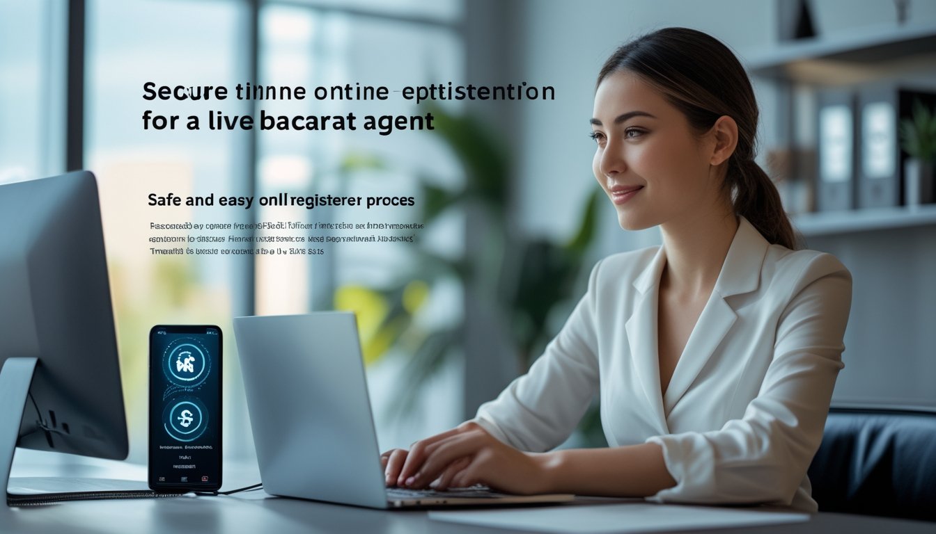 Seorang wanita muda duduk di meja kantor modern menggunakan laptop dengan ekspresi percaya diri, menunjukkan proses pendaftaran online yang aman dan mudah.