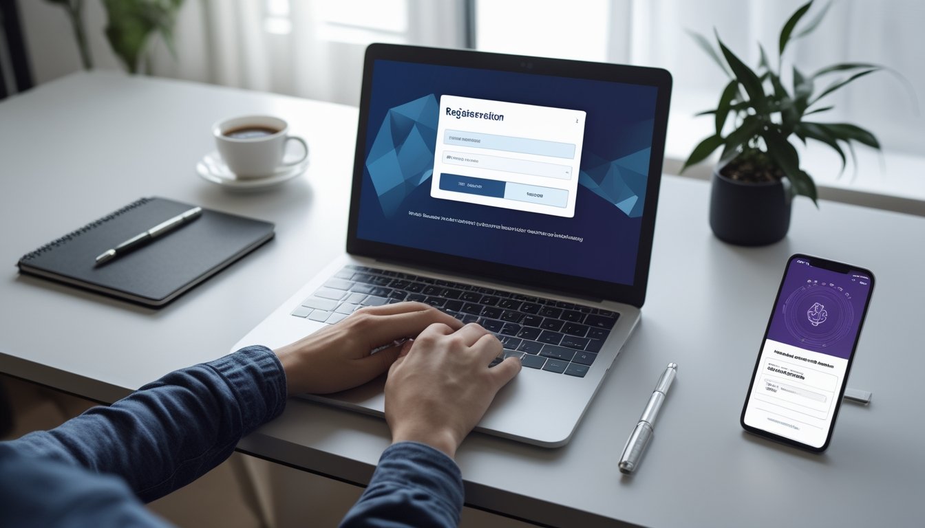 Meja kerja dengan laptop, tangan mengetik, dan ponsel yang menampilkan kode verifikasi, menunjukkan persiapan sebelum registrasi online.