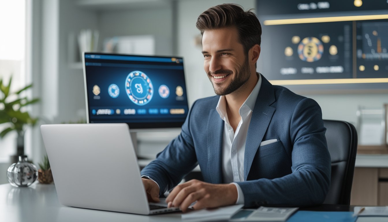 Seorang pria duduk di meja kerja modern menggunakan laptop dengan tampilan permainan baccarat online, di dalam ruangan kantor yang terang dan rapi.