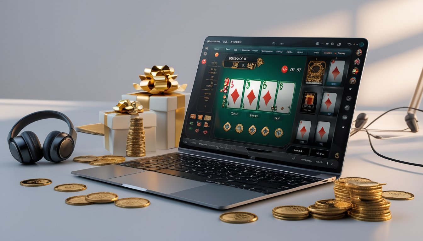 Seorang pria menggunakan laptop dengan tampilan permainan baccarat online, dipadukan oleh koin emas dan headset layanan pelanggan.