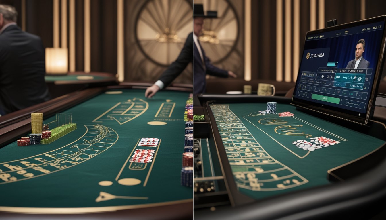 Suasana kasino dengan meja baccarat klasik di satu sisi dan dealer baccarat langsung yang berinteraksi melalui layar digital di sisi lain, dengan pemain menggunakan perangkat mobile.