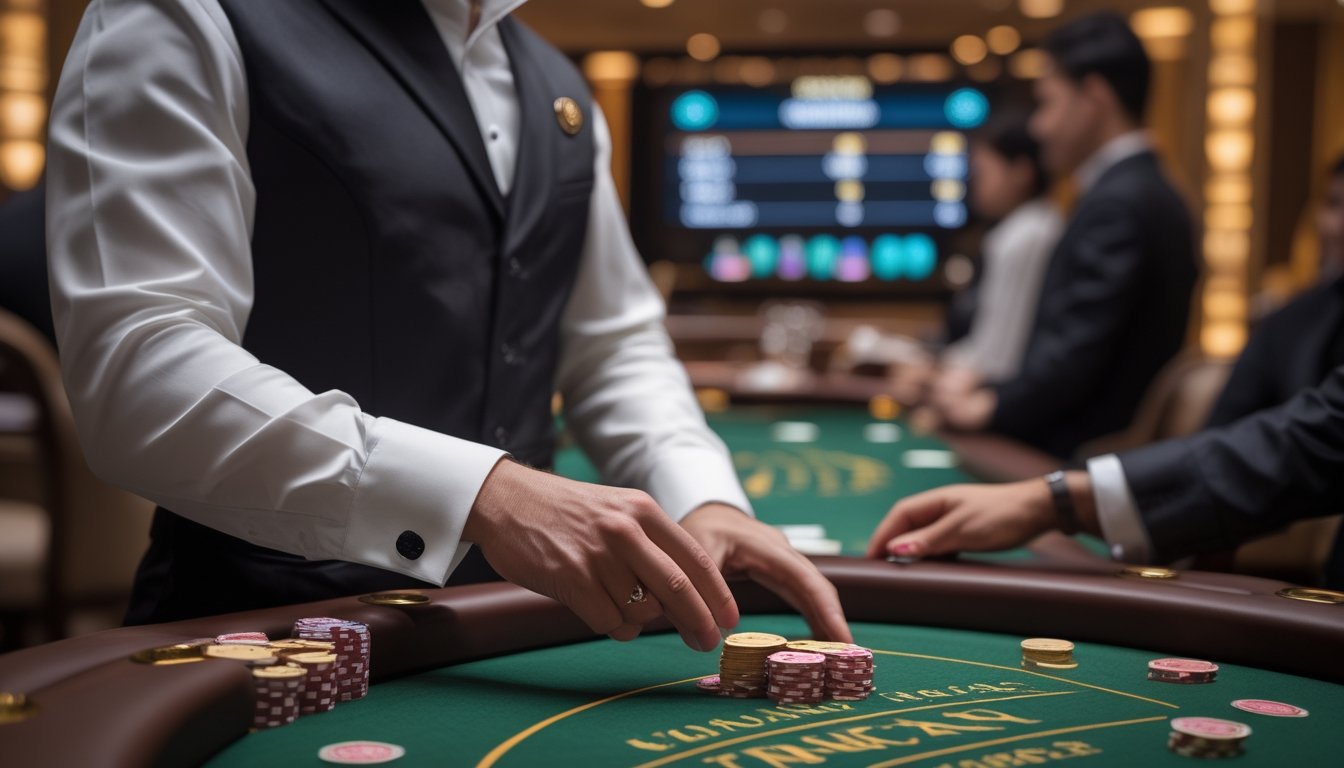 Seorang dealer rapi sedang membagikan kartu di meja bakarat dengan tumpukan chip, di latar belakang suasana kasino yang mewah dan beberapa pemain mengamati permainan.