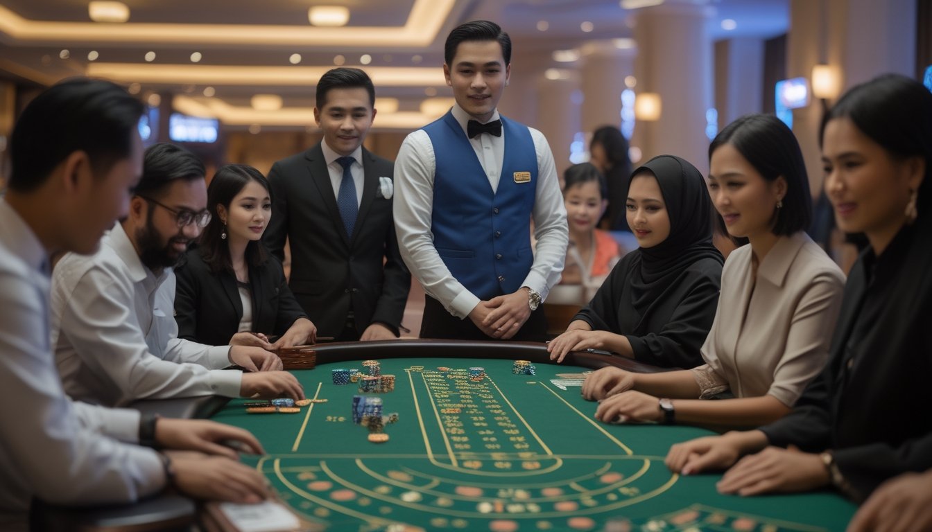 Seorang dealer dan beberapa pemain Indonesia sedang bermain Baccarat di meja kasino dengan suasana mewah dan pencahayaan hangat.