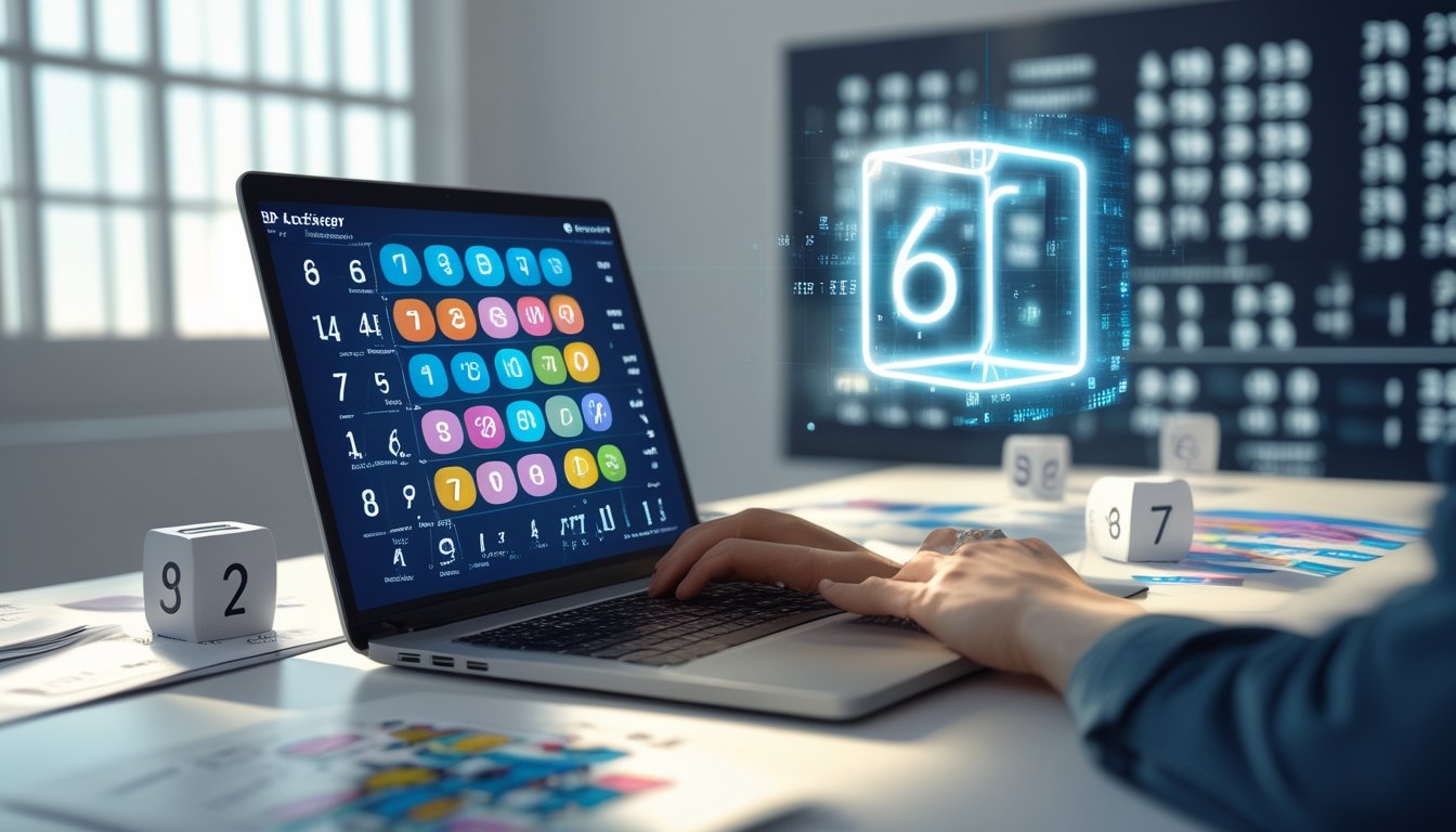 Meja kerja dengan laptop yang menampilkan grafik angka 2D, 3D, dan proyeksi holografik 4D, dikelilingi oleh kertas dan diagram angka.