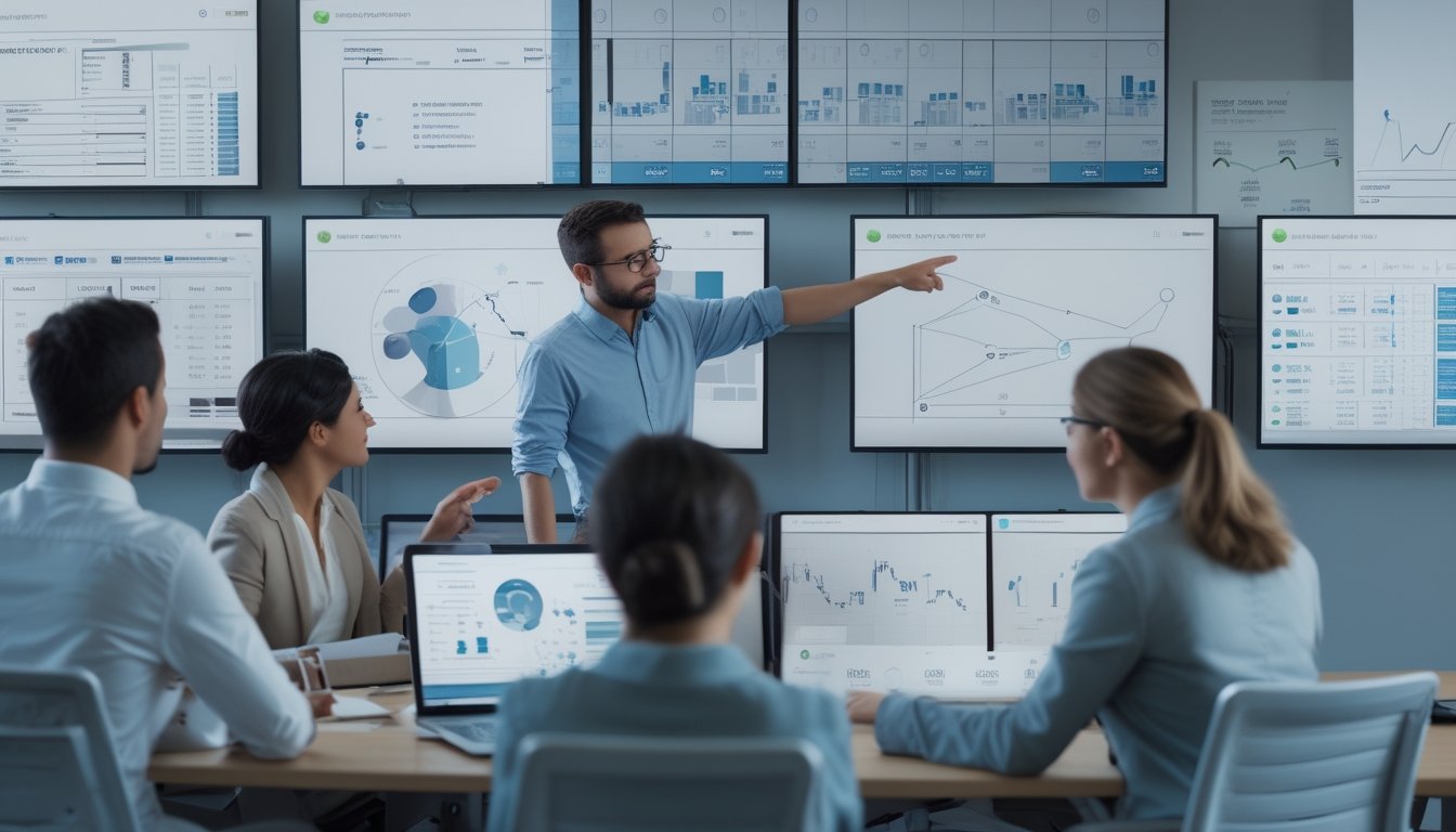 Sekelompok profesional sedang menganalisis data dan grafik di layar digital dalam ruang kantor modern.