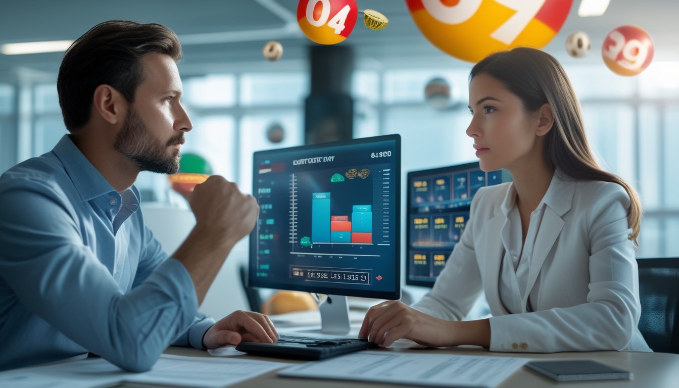 Dua orang dewasa sedang menganalisis data keuangan di kantor modern dengan layar digital dan bola lotere di latar belakang.