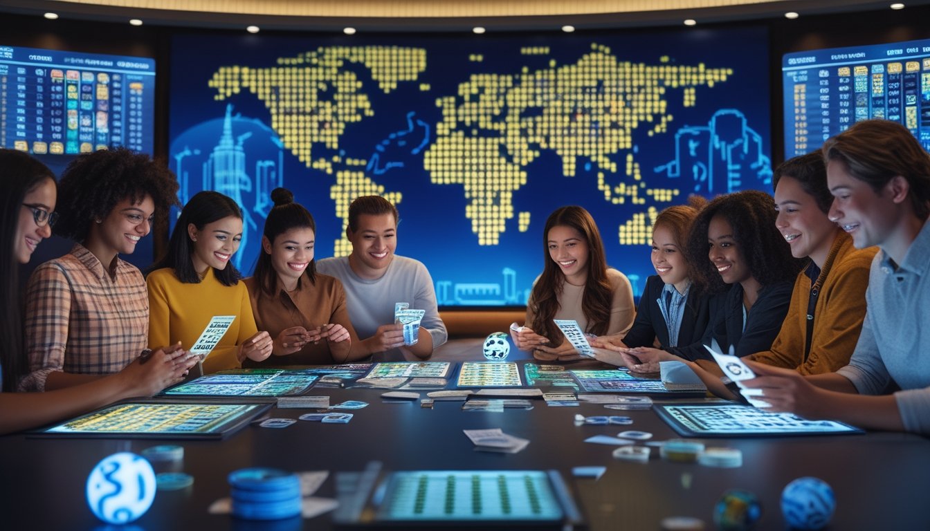 Sekelompok orang dari berbagai negara berkumpul di seluruh peta dunia dengan angka togel yang menyala, menunjukkan popularitas permainan togel secara internasional.
