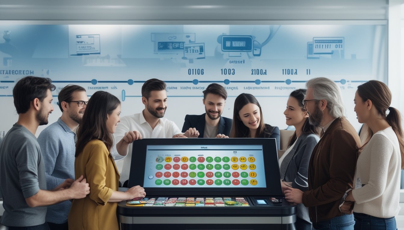 Sekelompok orang dari berbagai negara berkumpul di sekitar mesin togel digital dengan bola bernomor berwarna-warni, di latar belakang terlihat garis waktu perkembangan permainan togel dari masa lalu hingga sekarang.