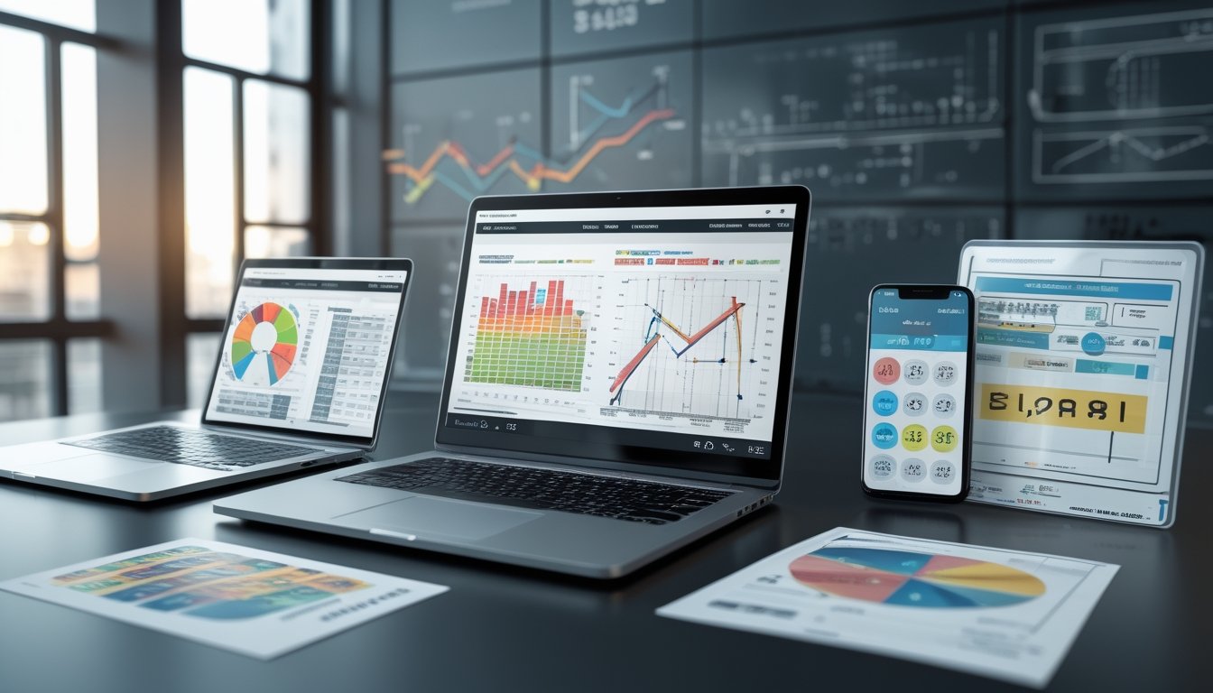 Meja kerja modern dengan perangkat digital dan kertas berisi angka dan grafik untuk analisis peluang dan probabilitas dalam permainan togel 3D dan 4D.