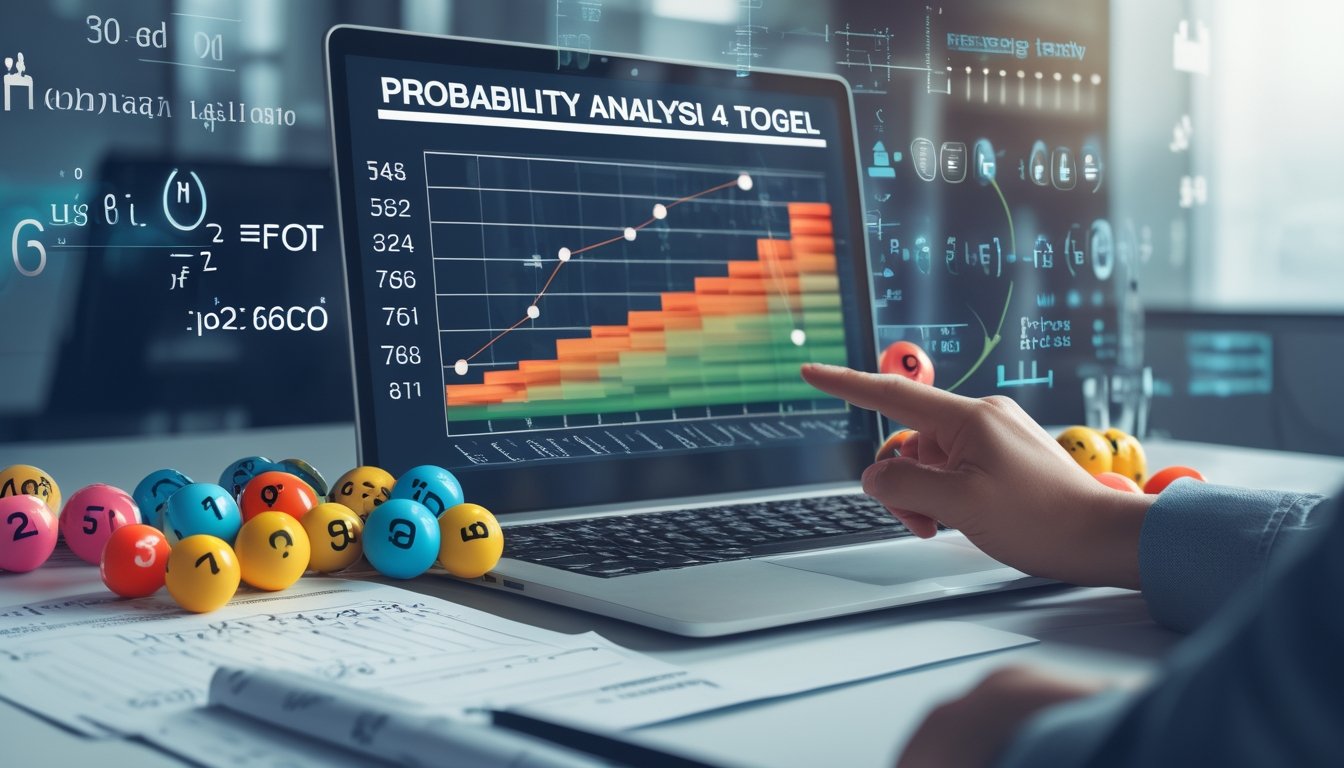 Meja kerja dengan laptop yang menampilkan grafik probabilitas dan bola nomor togel berwarna-warni di sekitarnya, tangan menunjuk layar laptop.