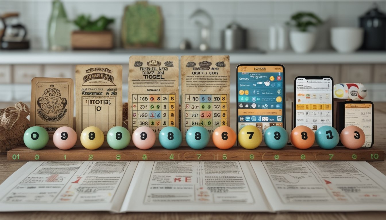 Gambaran garis waktu perkembangan permainan togel dari masa lalu dengan tiket togel kuno dan modern serta bola togel berwarna-warni.
