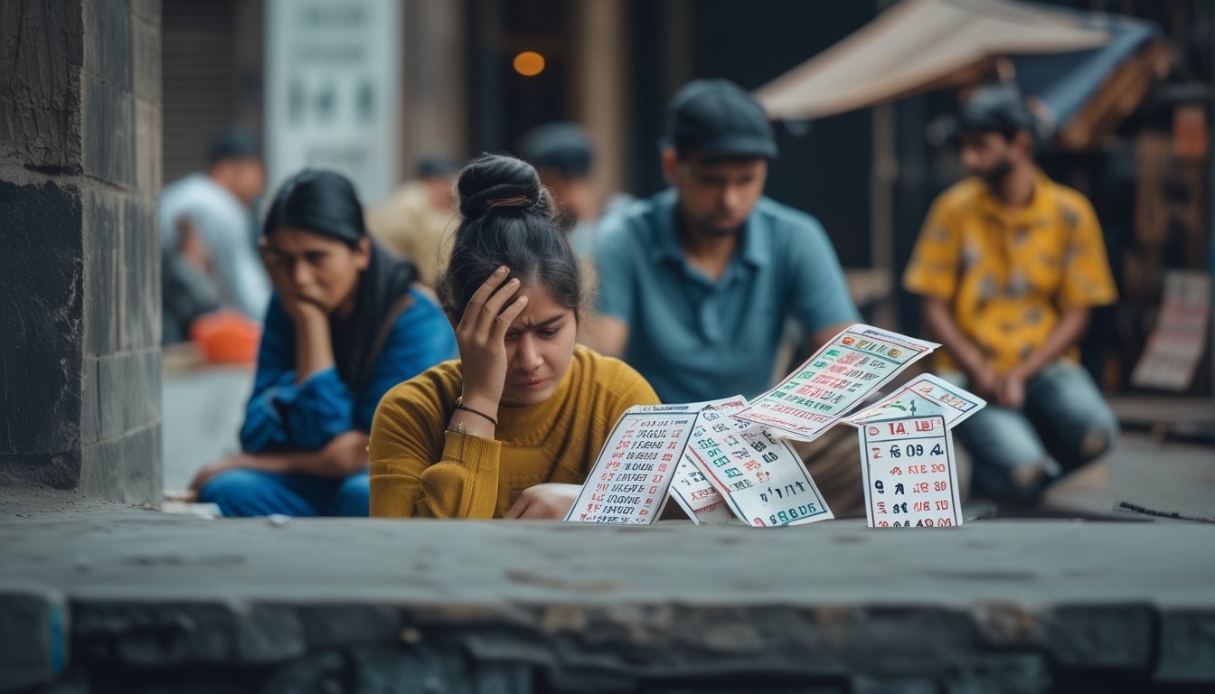 Sekelompok orang di lingkungan perkotaan dengan ekspresi serius dan latar belakang yang menunjukkan aktivitas perjudian angka dan pasar kecil.
