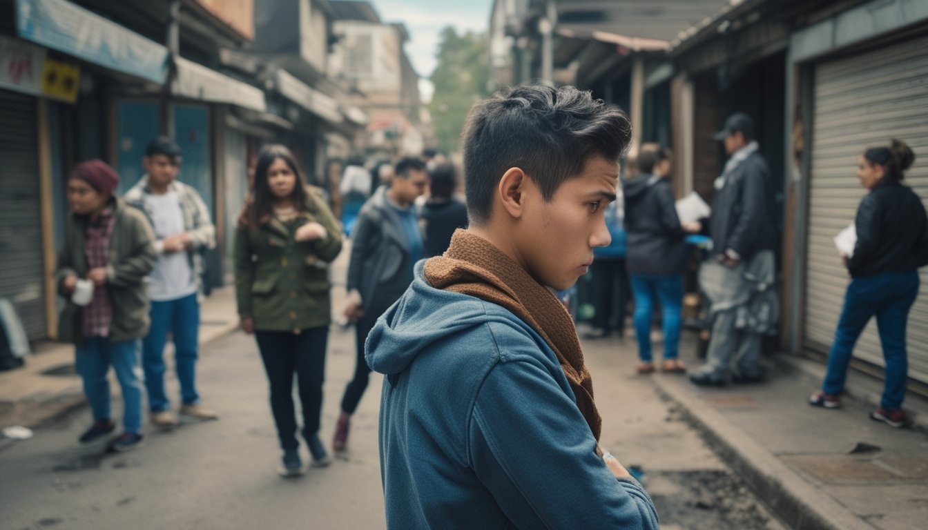 Sekelompok orang di lingkungan perkotaan yang menunjukkan kekhawatiran dan kesulitan ekonomi akibat aktivitas perjudian angka.