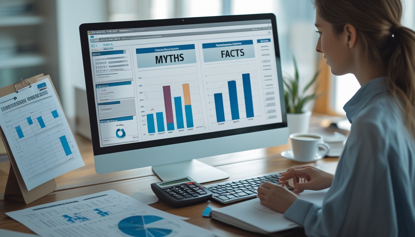 Seseorang sedang menganalisis data dan grafik di depan komputer dengan alat tulis dan kopi di meja kerja.