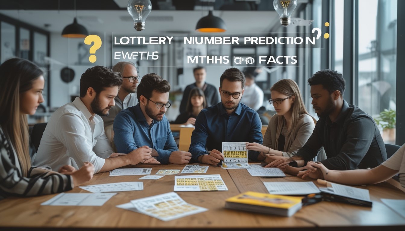 Sekelompok orang sedang berdiskusi dan menganalisis tiket togel dan catatan prediksi angka di sebuah meja dalam ruangan kantor yang terang.