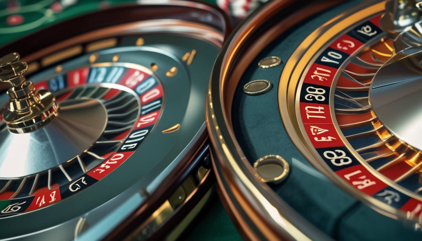 Dua roda roulette berdampingan di atas meja kasino, satu dengan satu nol dan satu lagi dengan nol tunggal dan nol ganda.