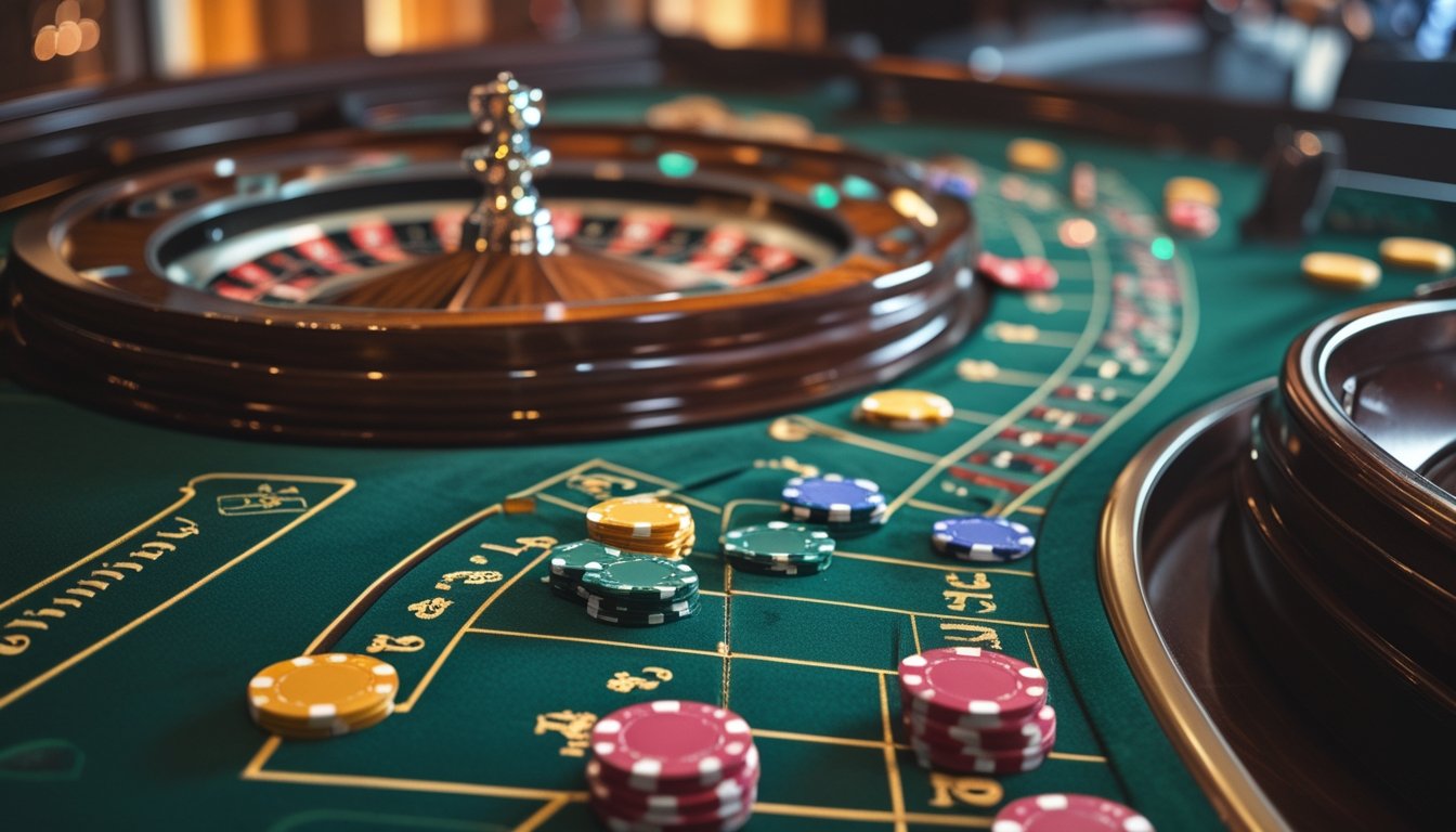 Meja roulette dengan roda roulette yang menunjukkan angka nol tunggal dan nol ganda serta beberapa chip taruhan di atas meja hijau.