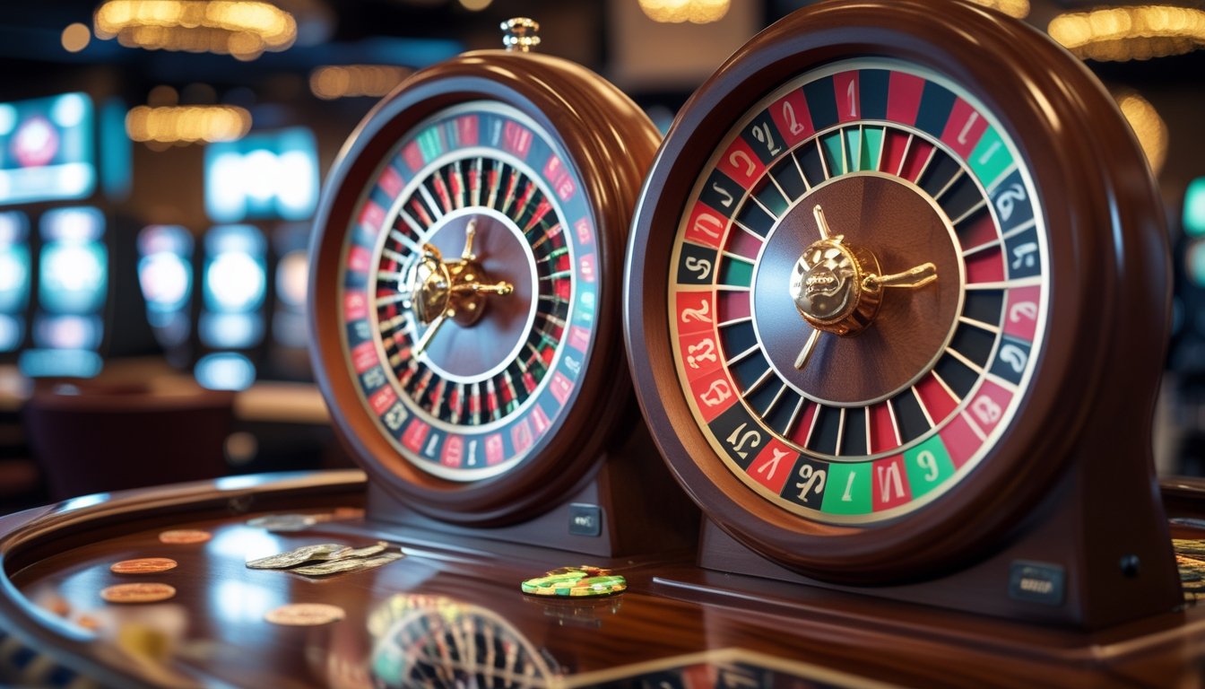 Dua roda roulette, satu model Eropa dan satu model Amerika, berdampingan di atas meja kasino dengan tumpukan chip dan latar belakang kasino yang samar.
